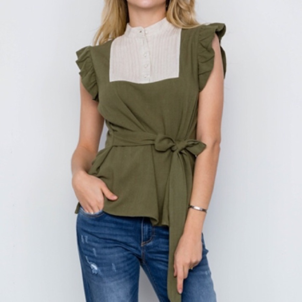 NWT VICTORIA Ruffle sleeve linen green top bow tie